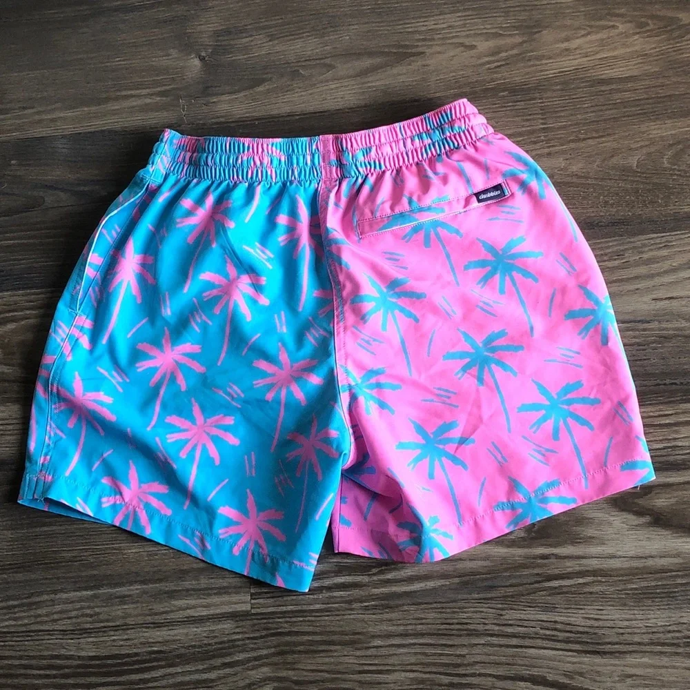 Chubbies Mens Palm Tree Print Swim Trunks Pink Blue Lined Small
